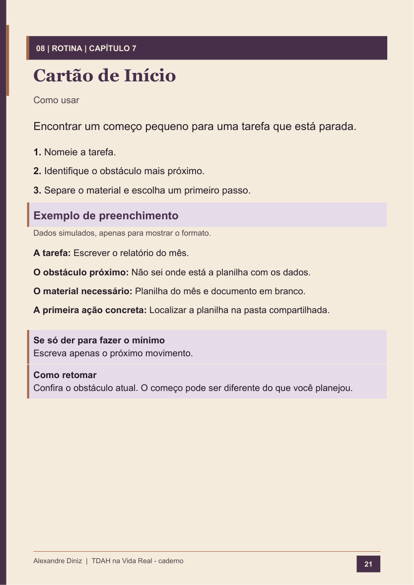 Página real do caderno: instruções do Cartão de Início