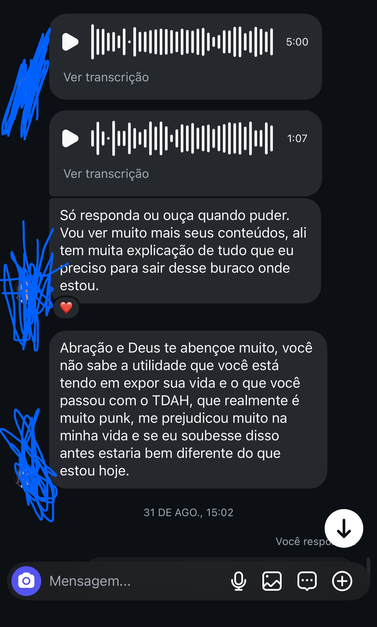 Print original de conversa recebida no Instagram — mensagem 5